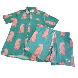 Duvin Design Co Shirt and Swim Trunks Set Men Medium Cheetah Print Teal Pink